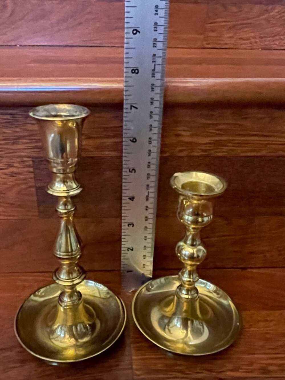 Vintage Solid Brass Candlesticks Candle Holders w/Drip Pans Pair Approx. 7" & 5" - Picture 2 of 7